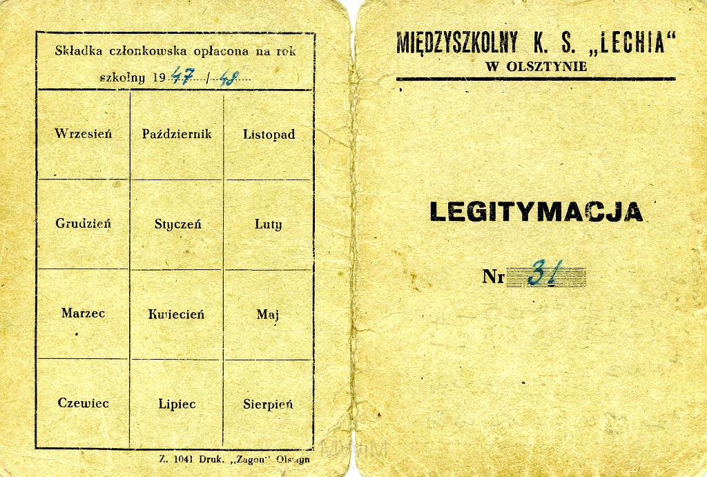 KKE 3257-1.jpg - Legitymacja Międzyszkolnego Klubu K.S. Lechia, /Jana Rutkowskiego, Olsztyn, 1946r.